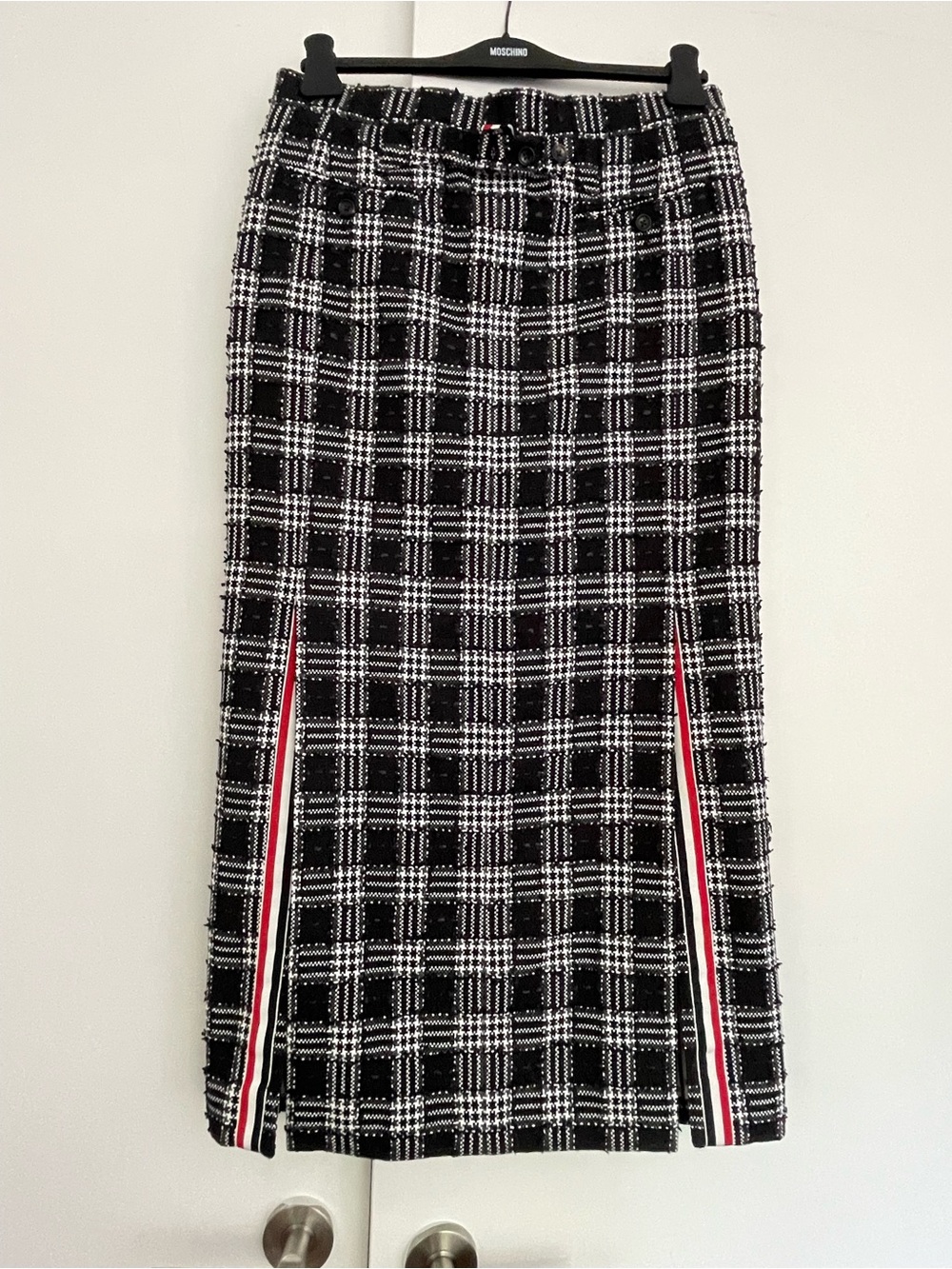 Thom Browne Plaid Midi tweed boucle Skirt with Red Trim sz0